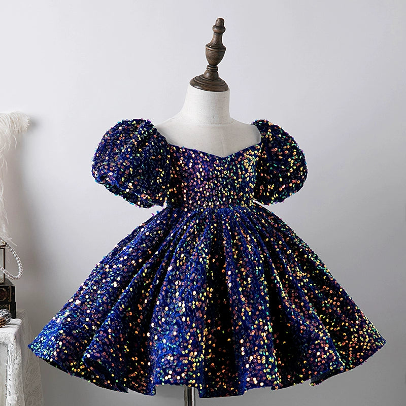 Princess Royal Blue Sequined Back Zip Baptism Sequins Tea Length Short Sleeve Puff Sleeve Round Flower Girl Dress