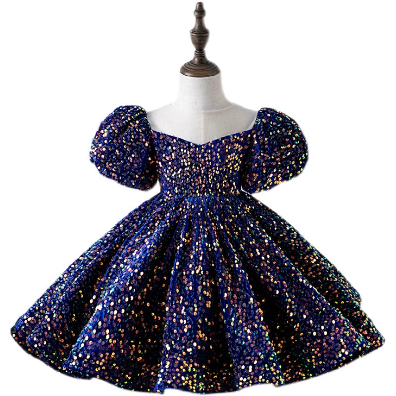 Princess Royal Blue Sequined Back Zip Baptism Sequins Tea Length Short Sleeve Puff Sleeve Round Flower Girl Dress