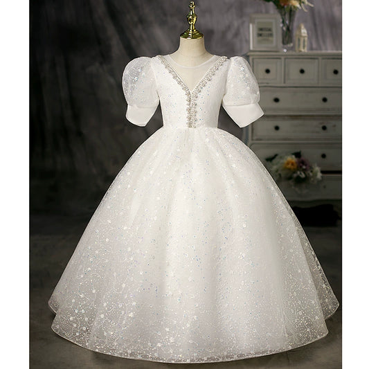 Princess White Crossed Straps Baptism Floor Length Short Sleeve Puff Sleeve Round Flower Girl Dress