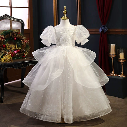 Princess White Organza Back Zip Baptism Sequins Short Sleeve Puff Sleeve Round Flower Girl Dress