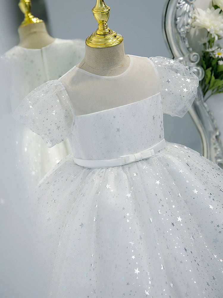 Princess White Organza Back Zip Baptism Sequins Tea Length Short Sleeve Puff Sleeve Round Flower Girl Dress