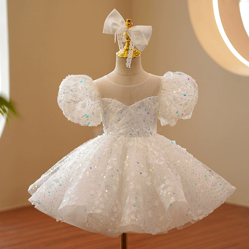 Princess White Organza Back Zip Baptism Sequins Tea Length Short Sleeve Puff Sleeve Sweetheart Flower Girl Dress