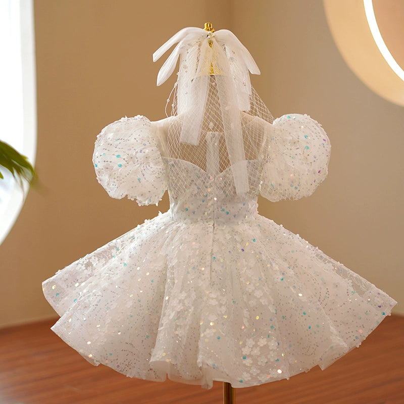 Princess White Organza Back Zip Baptism Sequins Tea Length Short Sleeve Puff Sleeve Sweetheart Flower Girl Dress