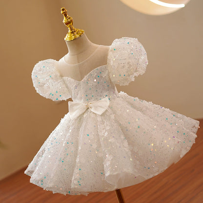 Princess White Organza Back Zip Baptism Sequins Tea Length Short Sleeve Puff Sleeve Sweetheart Flower Girl Dress