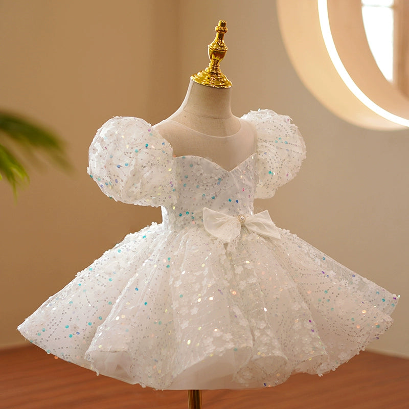 Princess White Organza Back Zip Baptism Sequins Tea Length Short Sleeve Puff Sleeve Sweetheart Flower Girl Dress