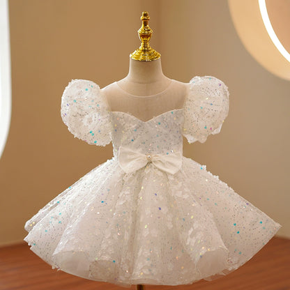 Princess White Organza Back Zip Baptism Sequins Tea Length Short Sleeve Puff Sleeve Sweetheart Flower Girl Dress