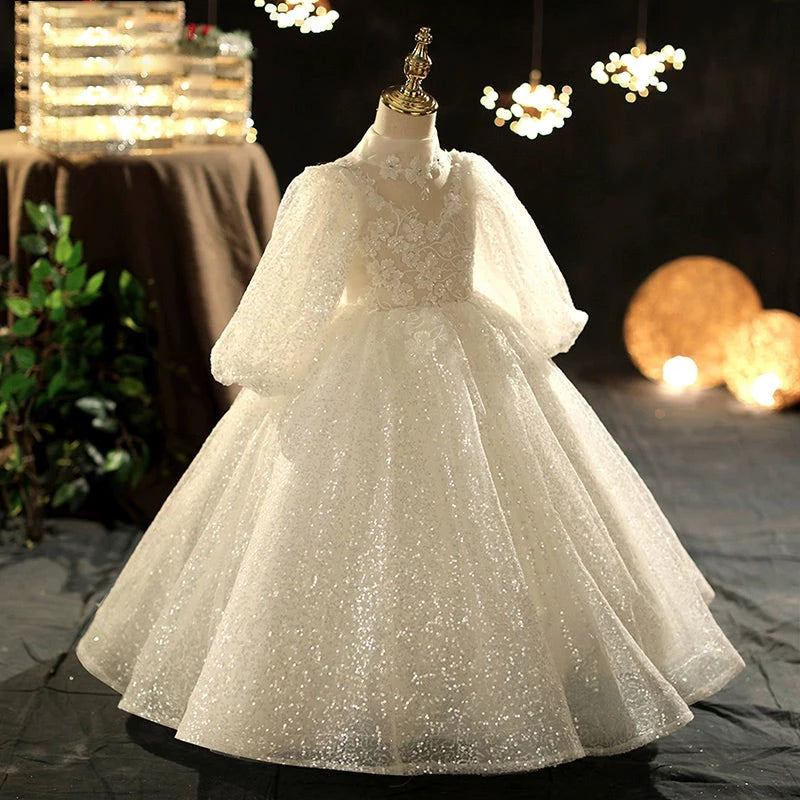 Princess White Organza Crossed Straps Baptism Lace Floor Length Long Sleeve Mock Neck Flower Girl Dress