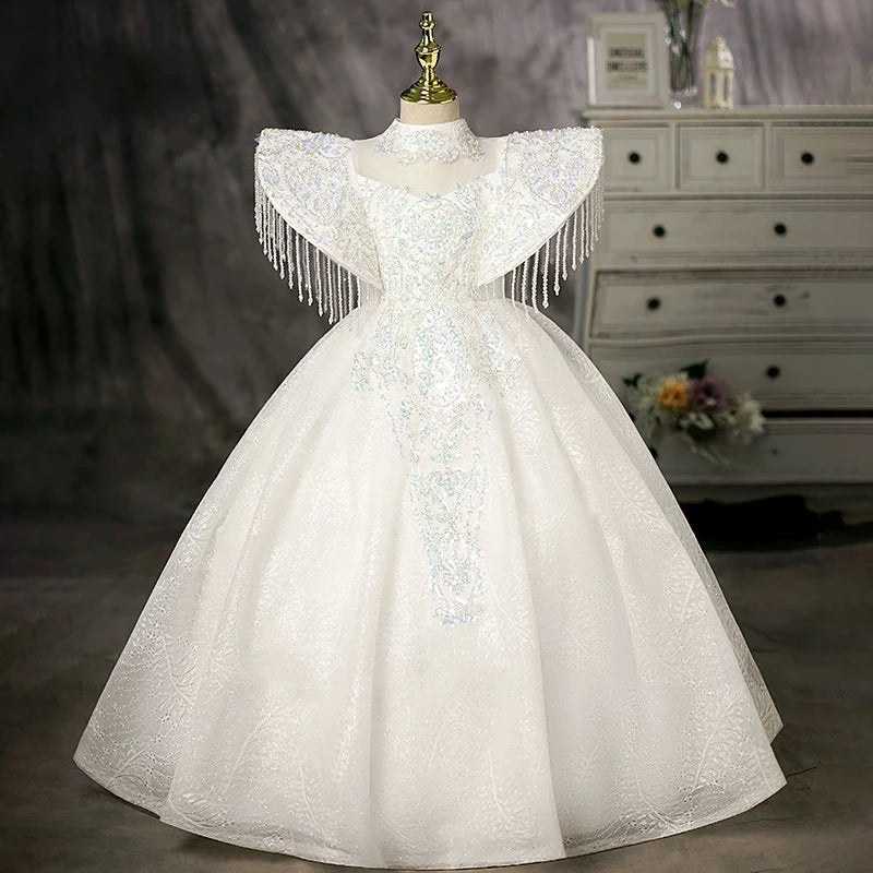 Princess White Polyester Crossed Straps Baptism Beaded Floor Length Short Sleeve Cap Sleeve Mock Neck Flower Girl Dress