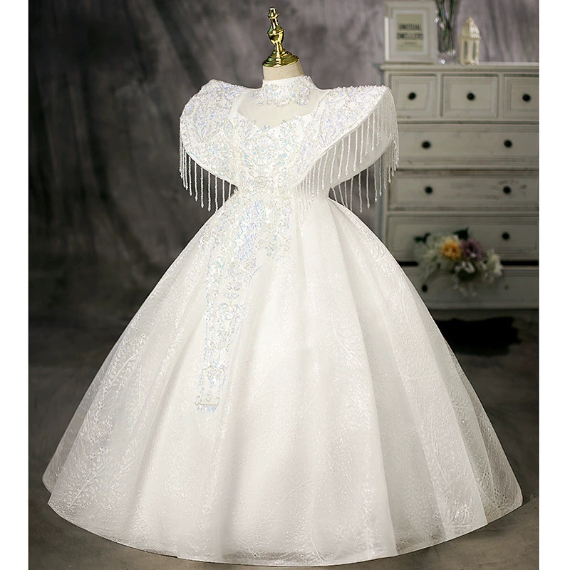 Princess White Polyester Crossed Straps Baptism Beaded Floor Length Short Sleeve Cap Sleeve Mock Neck Flower Girl Dress