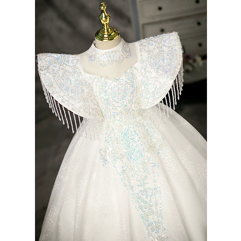 Princess White Polyester Crossed Straps Baptism Beaded Floor Length Short Sleeve Cap Sleeve Mock Neck Flower Girl Dress