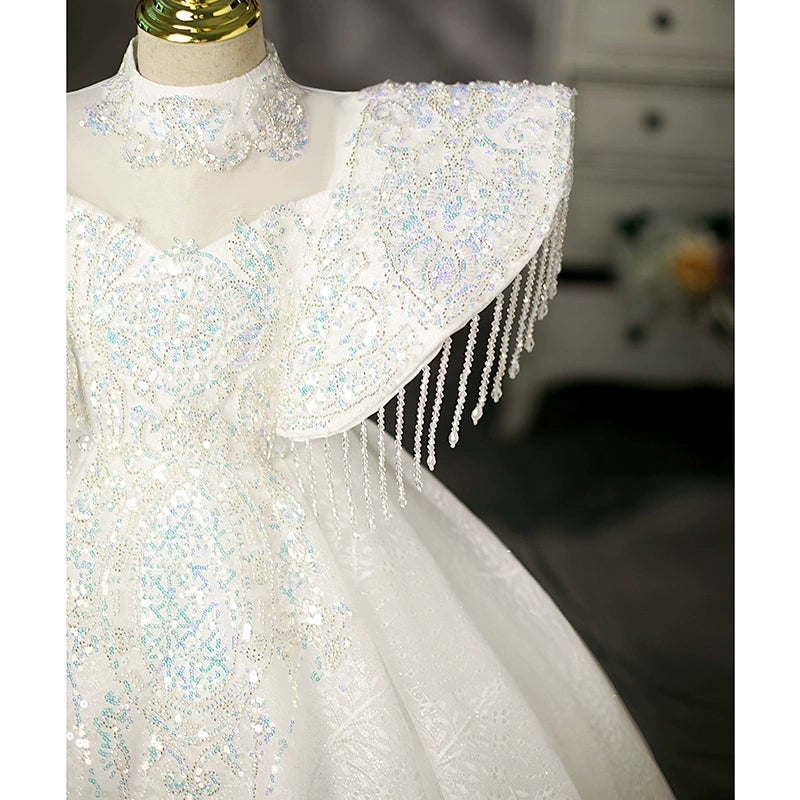 Princess White Polyester Crossed Straps Baptism Beaded Floor Length Short Sleeve Cap Sleeve Mock Neck Flower Girl Dress