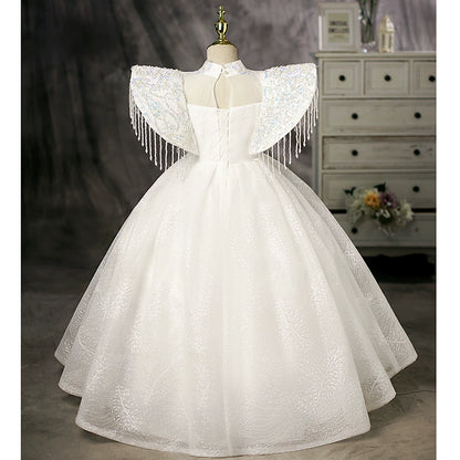 Princess White Polyester Crossed Straps Baptism Beaded Floor Length Short Sleeve Cap Sleeve Mock Neck Flower Girl Dress