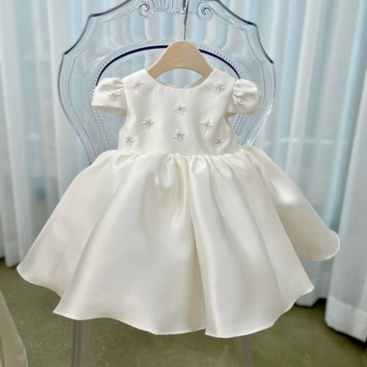 Princess White Satin Back Zip Baptism Beaded Tea Length Short Sleeve Cap Sleeve Round Flower Girl Dress