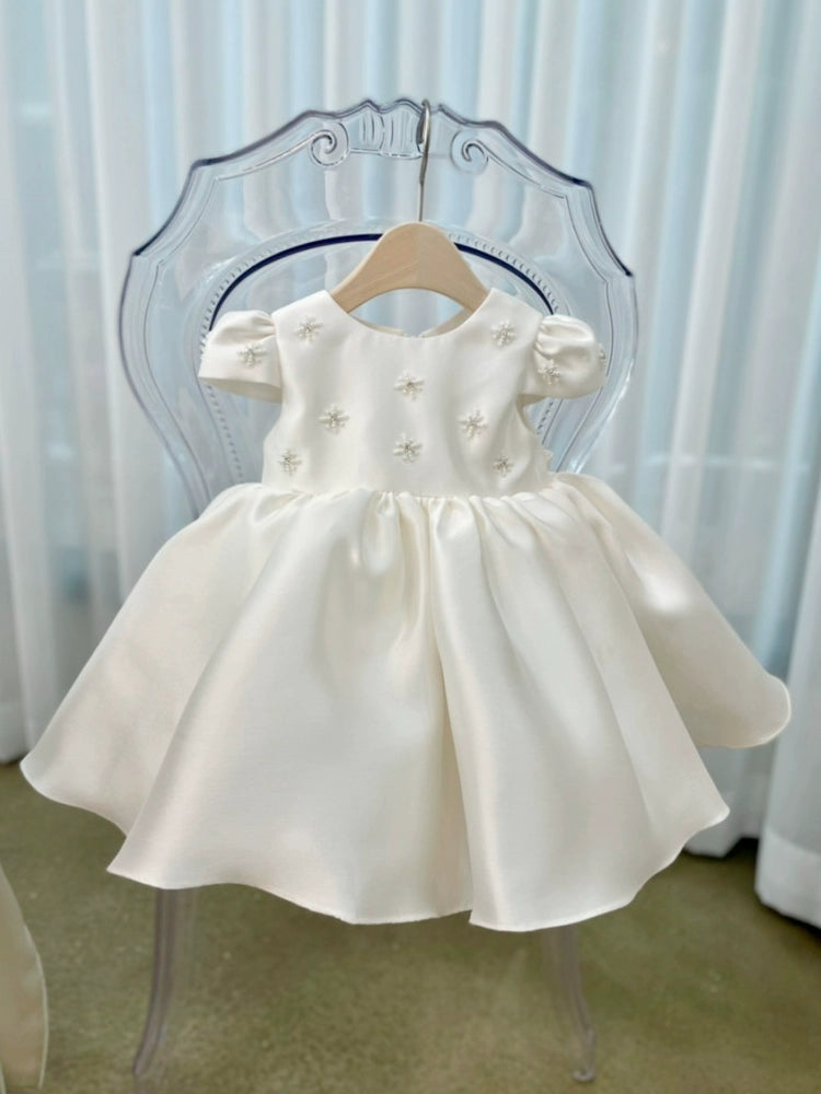 Princess White Satin Back Zip Baptism Beaded Tea Length Short Sleeve Cap Sleeve Round Flower Girl Dress