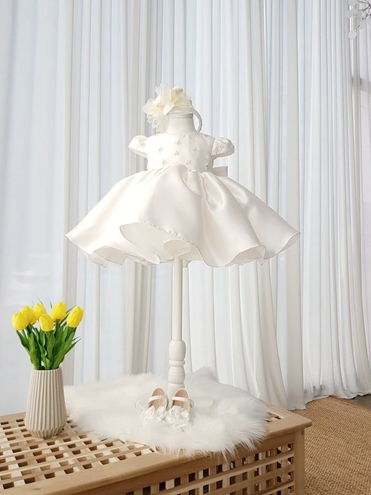 Princess White Satin Back Zip Baptism Beaded Tea Length Short Sleeve Cap Sleeve Round Flower Girl Dress