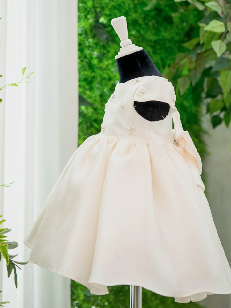 Princess White Satin Back Zip Baptism Beaded Tea Length Short Sleeve Cap Sleeve Round Flower Girl Dress