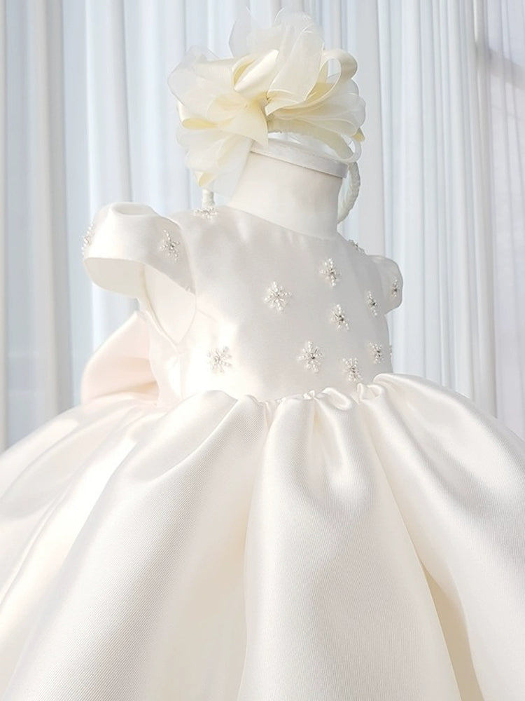 Princess White Satin Back Zip Baptism Beaded Tea Length Short Sleeve Cap Sleeve Round Flower Girl Dress