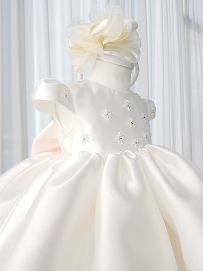 Princess White Satin Back Zip Baptism Beaded Tea Length Short Sleeve Cap Sleeve Round Flower Girl Dress