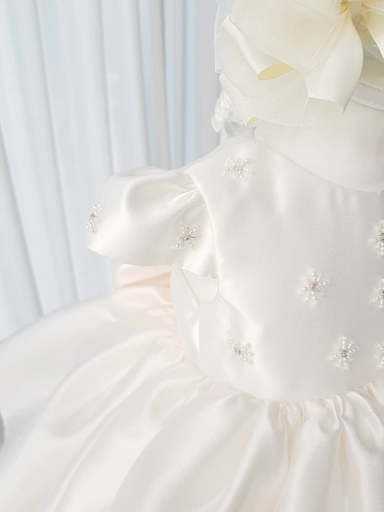 Princess White Satin Back Zip Baptism Beaded Tea Length Short Sleeve Cap Sleeve Round Flower Girl Dress