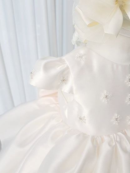 Princess White Satin Back Zip Baptism Beaded Tea Length Short Sleeve Cap Sleeve Round Flower Girl Dress