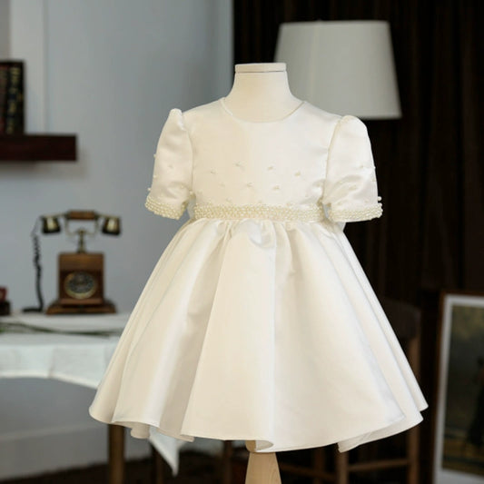 Princess White Satin Back Zip Baptism Beaded Tea Length Short Sleeve Puff Sleeve Round Flower Girl Dress