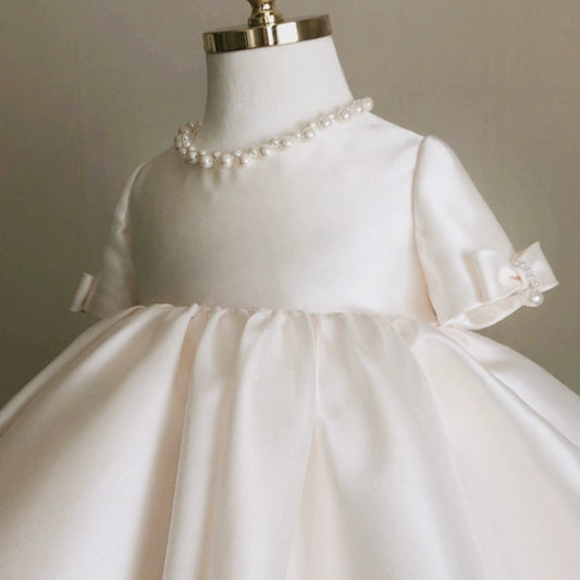 Princess White Satin Back Zip Baptism Beaded Tea Length Short Sleeve Round Flower Girl Dress