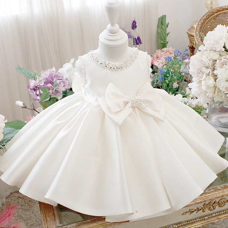 Princess White Satin Back Zip Baptism Beaded Tea Length Sleeveless Round Flower Girl Dress