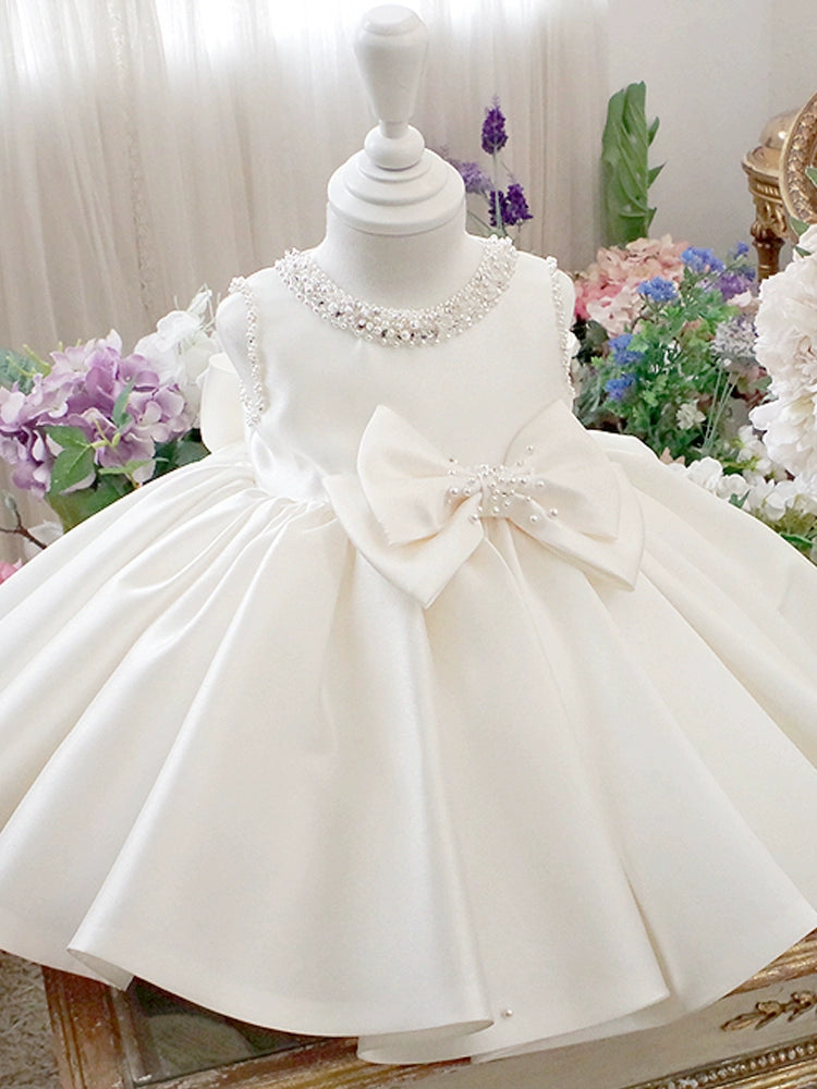 Princess White Satin Back Zip Baptism Beaded Tea Length Sleeveless Round Flower Girl Dress