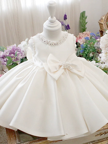 Princess White Satin Back Zip Baptism Beaded Tea Length Sleeveless Round Flower Girl Dress