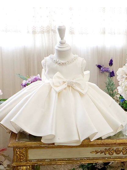 Princess White Satin Back Zip Baptism Beaded Tea Length Sleeveless Round Flower Girl Dress