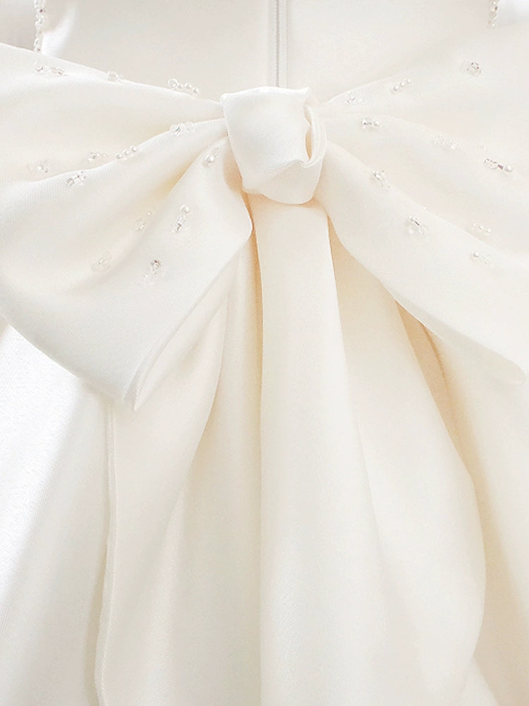 Princess White Satin Back Zip Baptism Beaded Tea Length Sleeveless Round Flower Girl Dress