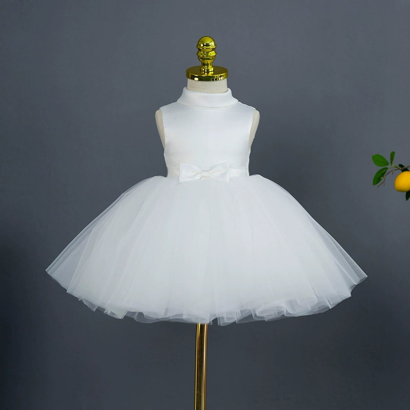 Princess White Satin Back Zip Baptism Bow(s) Tea Length Sleeveless Mock Neck Flower Girl Dress