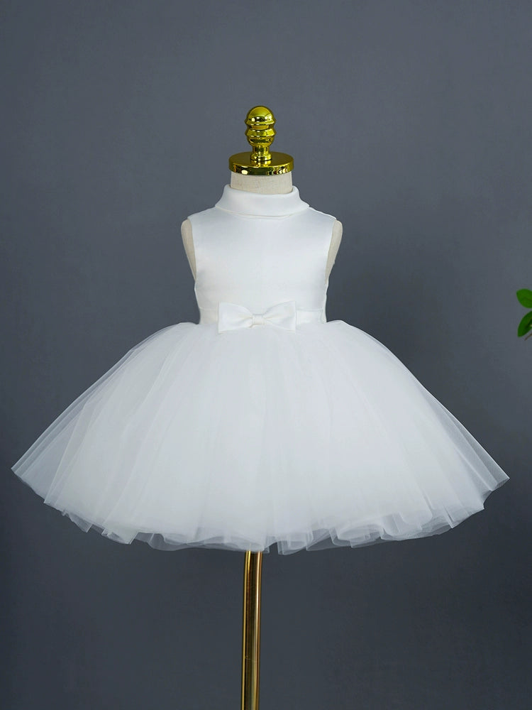 Princess White Satin Back Zip Baptism Bow(s) Tea Length Sleeveless Mock Neck Flower Girl Dress