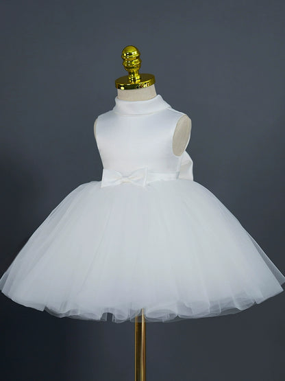 Princess White Satin Back Zip Baptism Bow(s) Tea Length Sleeveless Mock Neck Flower Girl Dress