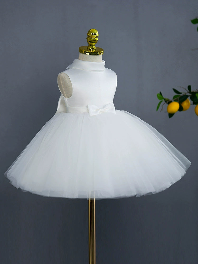 Princess White Satin Back Zip Baptism Bow(s) Tea Length Sleeveless Mock Neck Flower Girl Dress