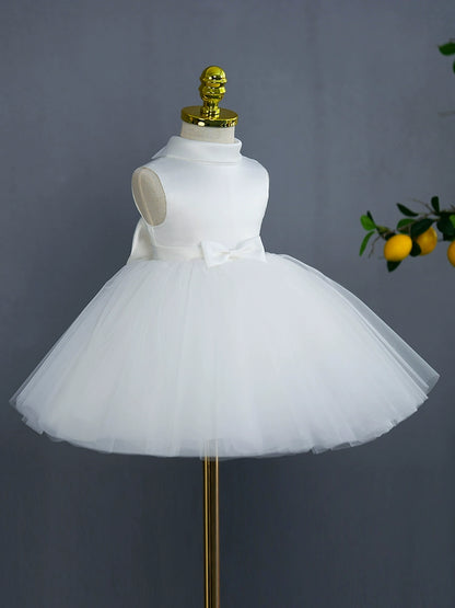 Princess White Satin Back Zip Baptism Bow(s) Tea Length Sleeveless Mock Neck Flower Girl Dress