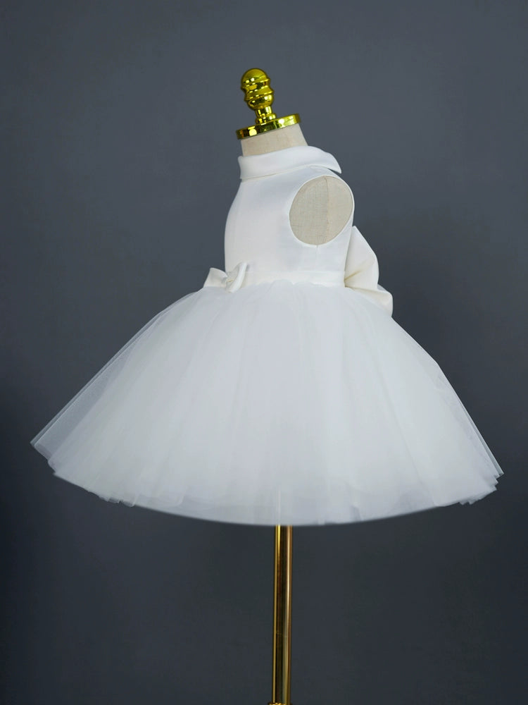 Princess White Satin Back Zip Baptism Bow(s) Tea Length Sleeveless Mock Neck Flower Girl Dress