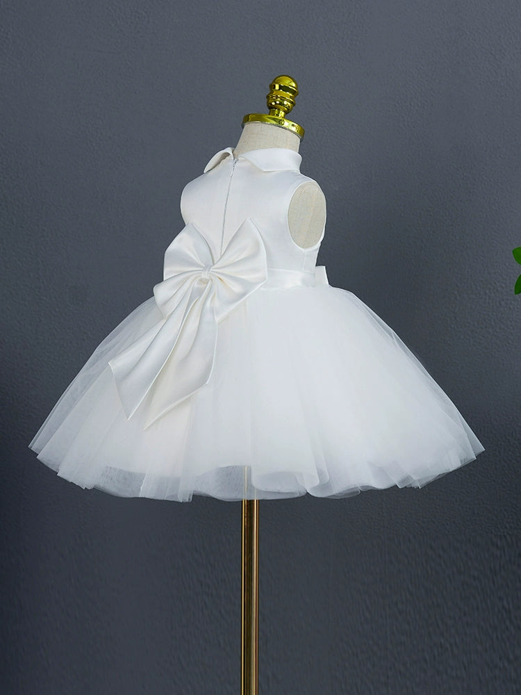 Princess White Satin Back Zip Baptism Bow(s) Tea Length Sleeveless Mock Neck Flower Girl Dress