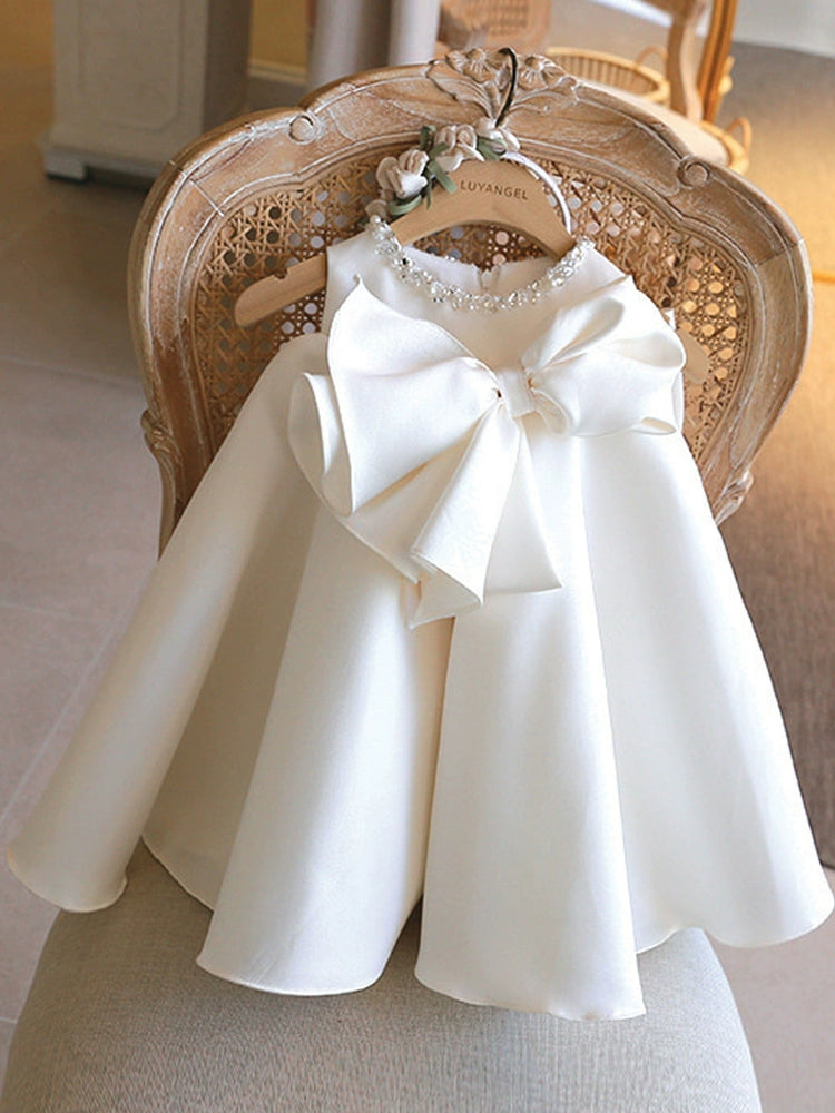 Princess White Satin Back Zip Baptism Bow(s) Tea Length Sleeveless Round Flower Girl Dress