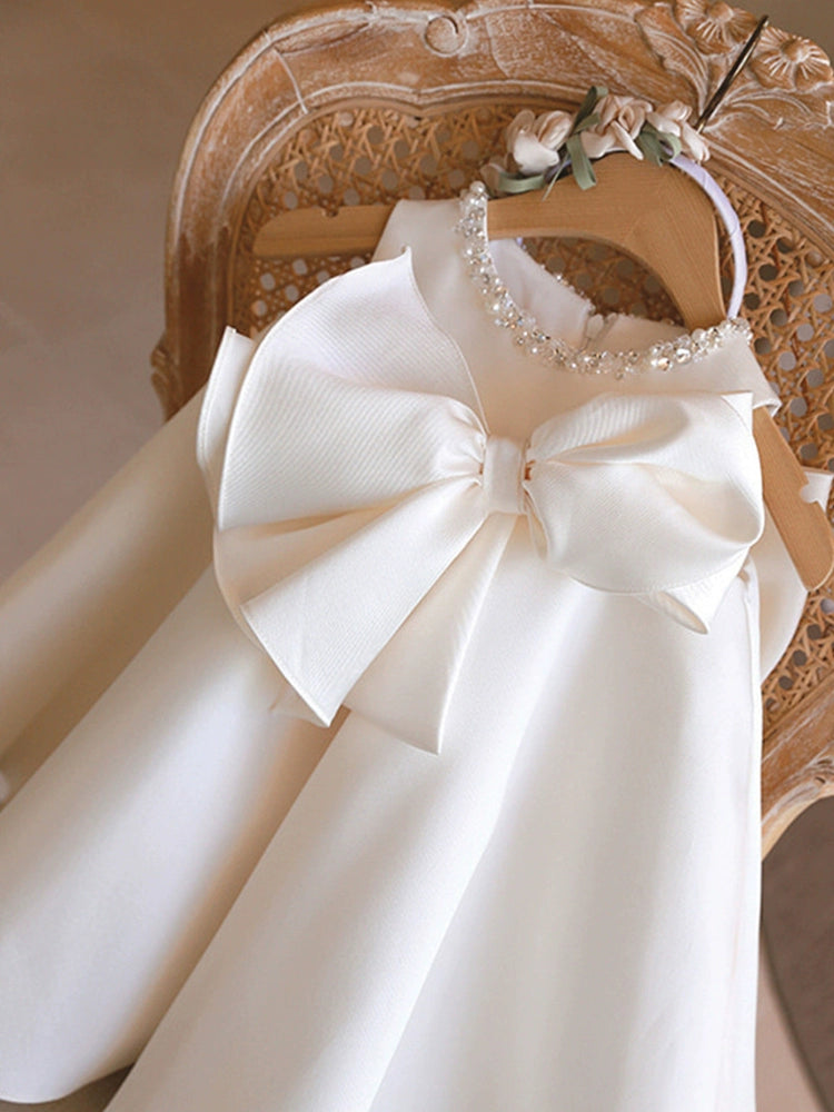 Princess White Satin Back Zip Baptism Bow(s) Tea Length Sleeveless Round Flower Girl Dress