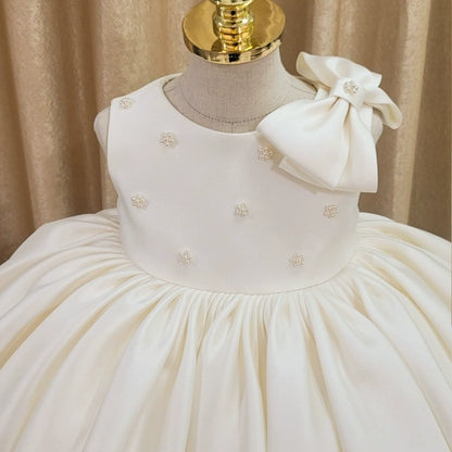 Princess White Satin Back Zip Baptism Bow(s) Tea Length Sleeveless Ruffle Sleeve Round Flower Girl Dress