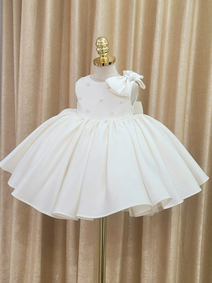 Princess White Satin Back Zip Baptism Bow(s) Tea Length Sleeveless Ruffle Sleeve Round Flower Girl Dress