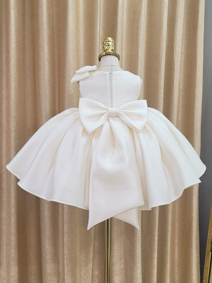 Princess White Satin Back Zip Baptism Bow(s) Tea Length Sleeveless Ruffle Sleeve Round Flower Girl Dress