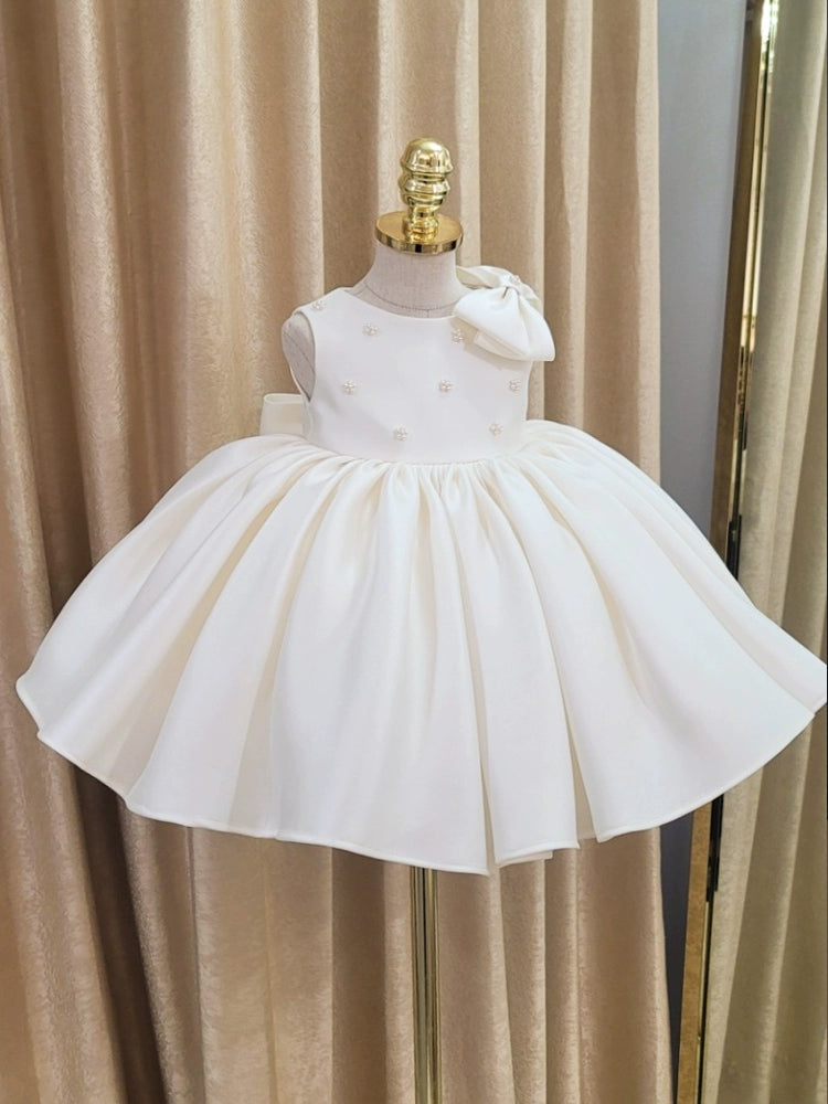 Princess White Satin Back Zip Baptism Bow(s) Tea Length Sleeveless Ruffle Sleeve Round Flower Girl Dress