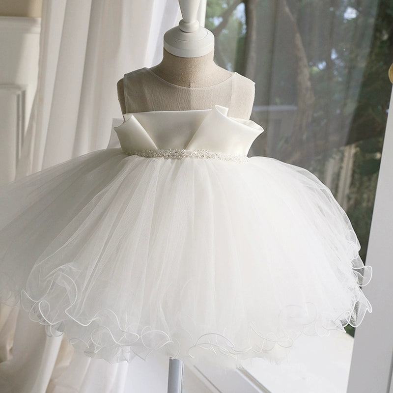 Princess White Satin Back Zip Baptism Cascading Ruffles Tea Length Sleeveless Round Flower Girl Dress