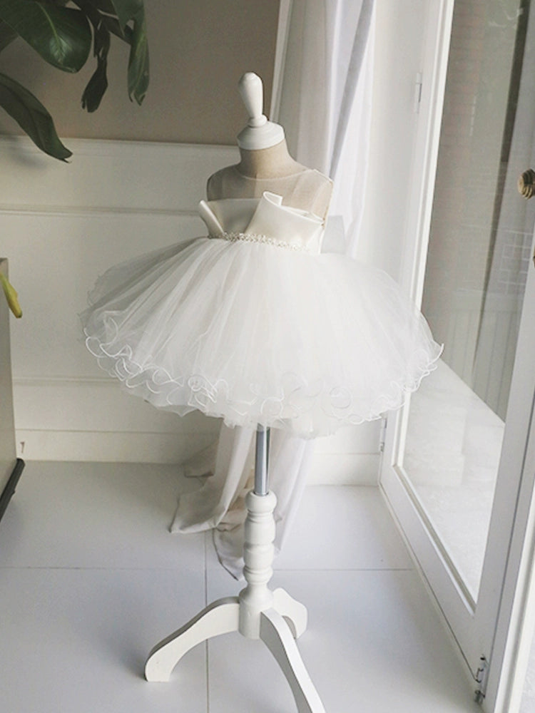 Princess White Satin Back Zip Baptism Cascading Ruffles Tea Length Sleeveless Round Flower Girl Dress