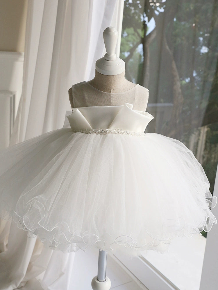 Princess White Satin Back Zip Baptism Cascading Ruffles Tea Length Sleeveless Round Flower Girl Dress