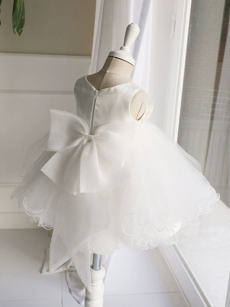 Princess White Satin Back Zip Baptism Cascading Ruffles Tea Length Sleeveless Round Flower Girl Dress