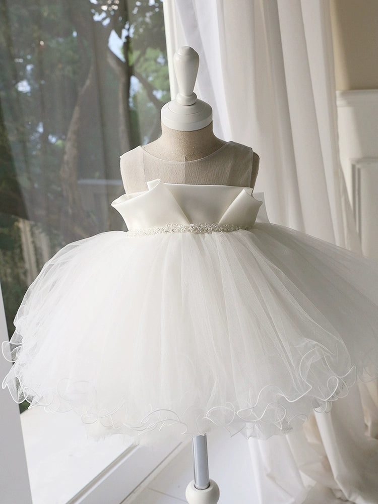 Princess White Satin Back Zip Baptism Cascading Ruffles Tea Length Sleeveless Round Flower Girl Dress