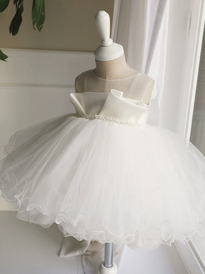 Princess White Satin Back Zip Baptism Cascading Ruffles Tea Length Sleeveless Round Flower Girl Dress